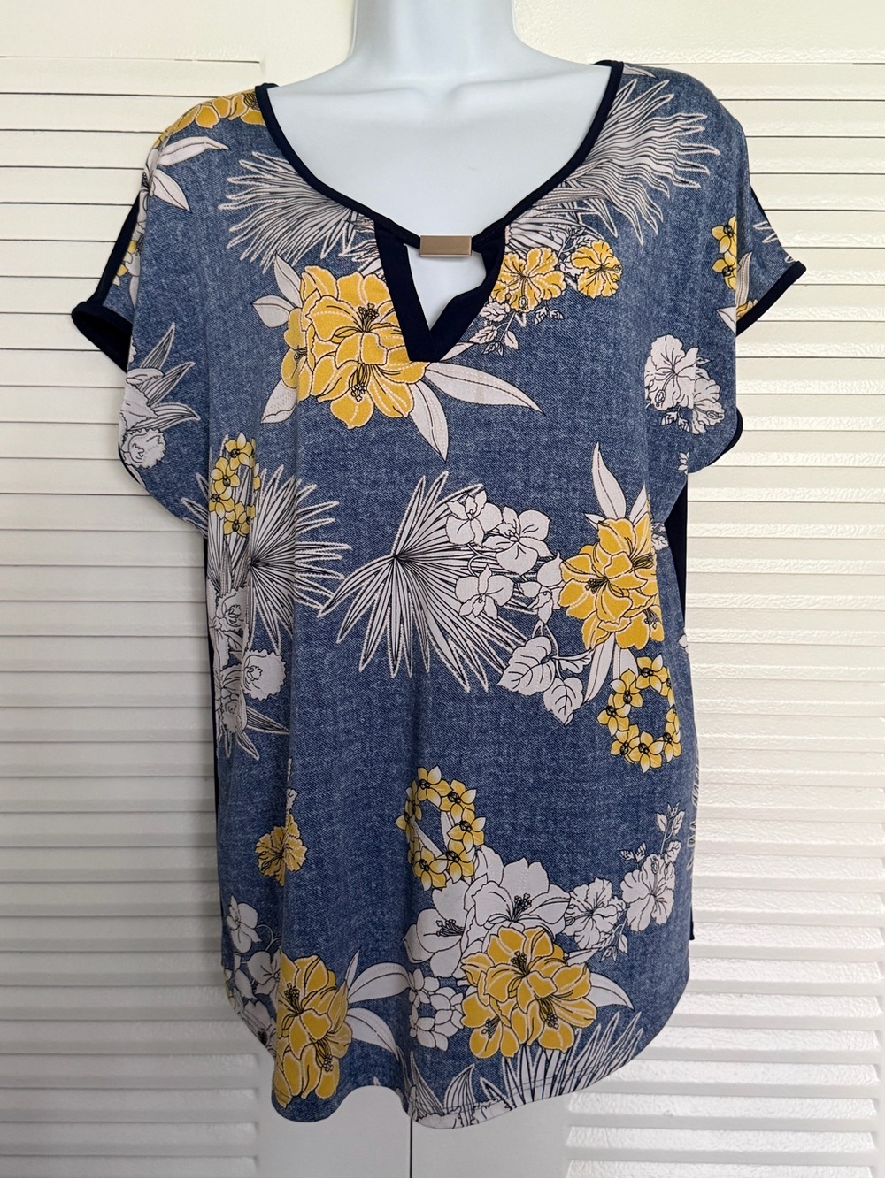 Women's Blue Floral Scoop Neck Top with Yellow Accents